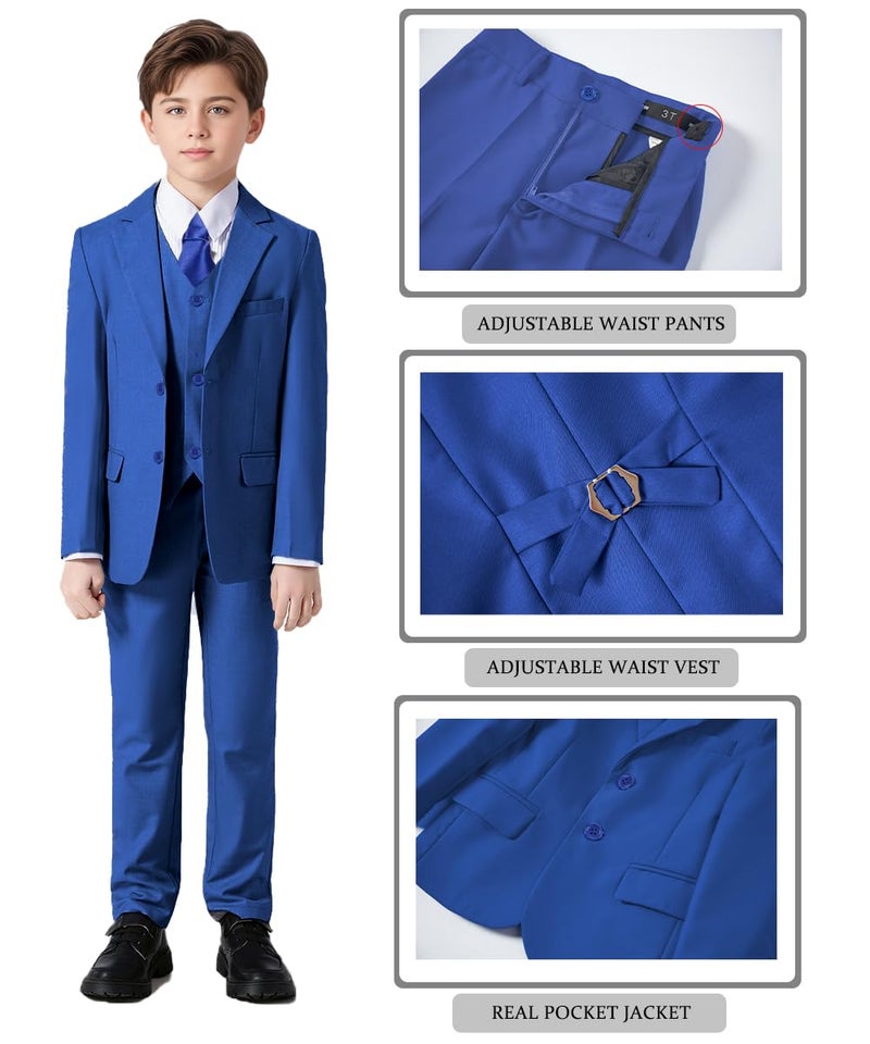 Addneo Boy's Silm Fit Formal Suits 5 Piece with Shirt and Vest, Royal Blue 5pc, 12 - Image 2